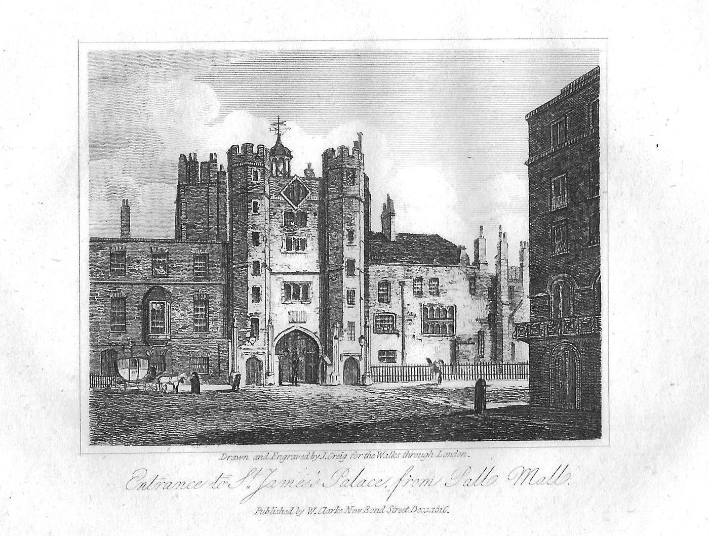 St James's Palace from Pall Mall London antique print 1817