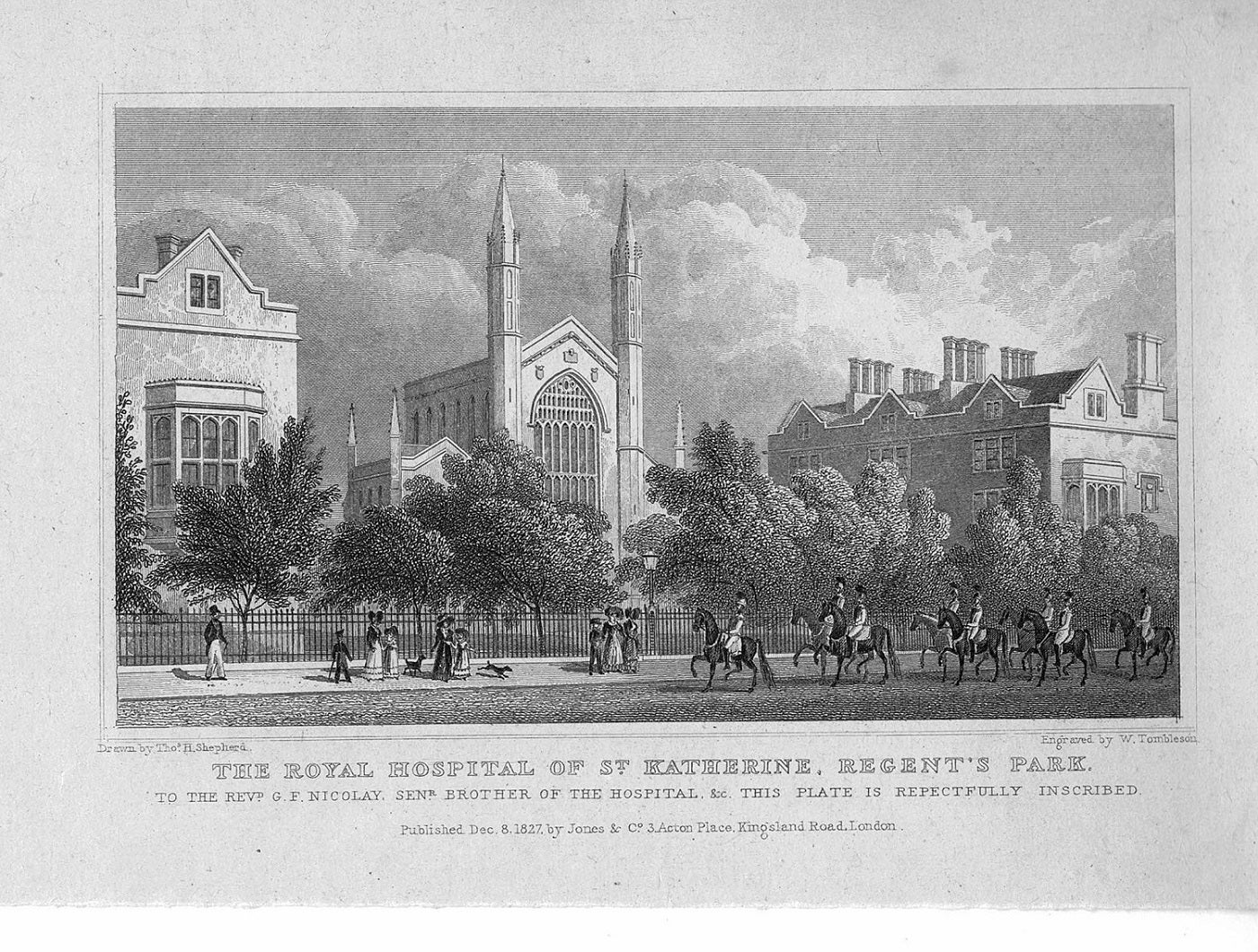 Royal Hospital of St Katherine Regents Park antique print 1830