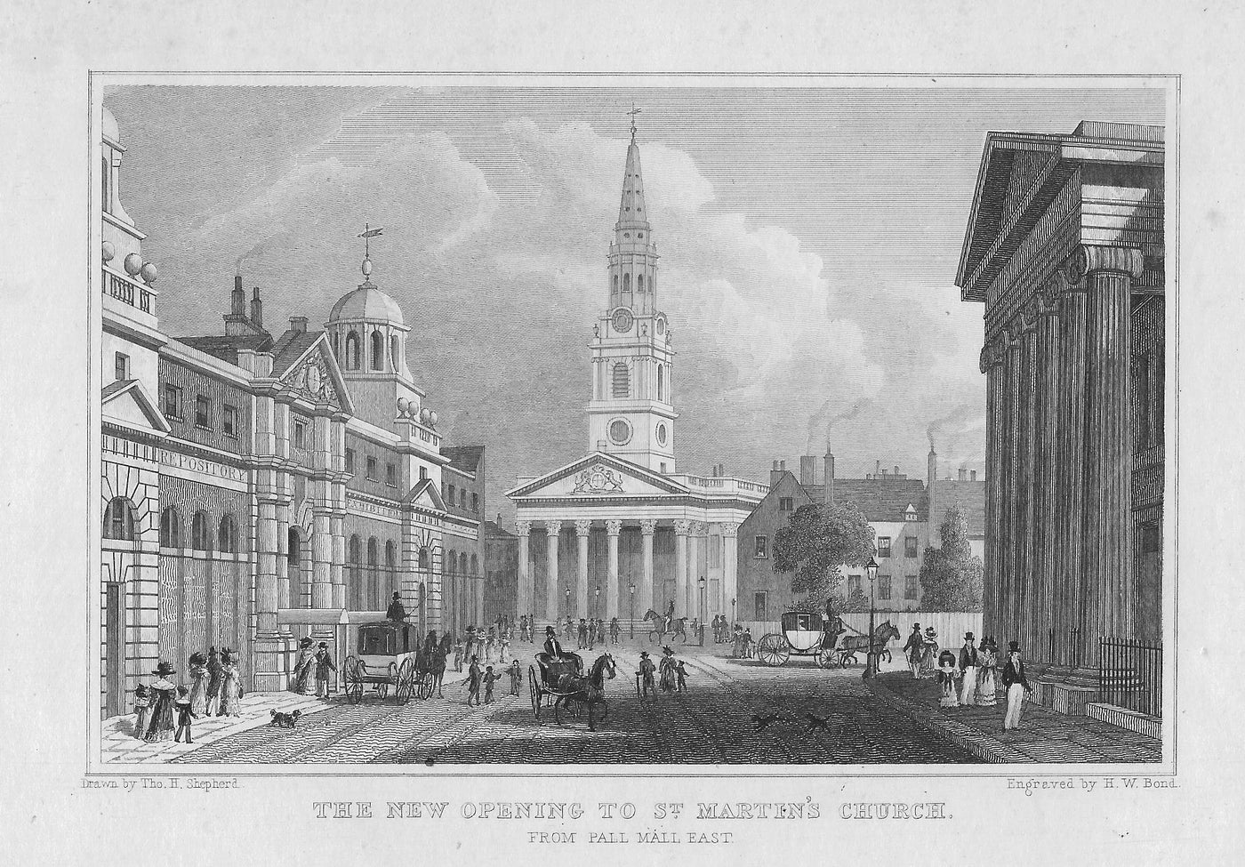 St Martins in the Field Church from Pall Mall East antique print 1830