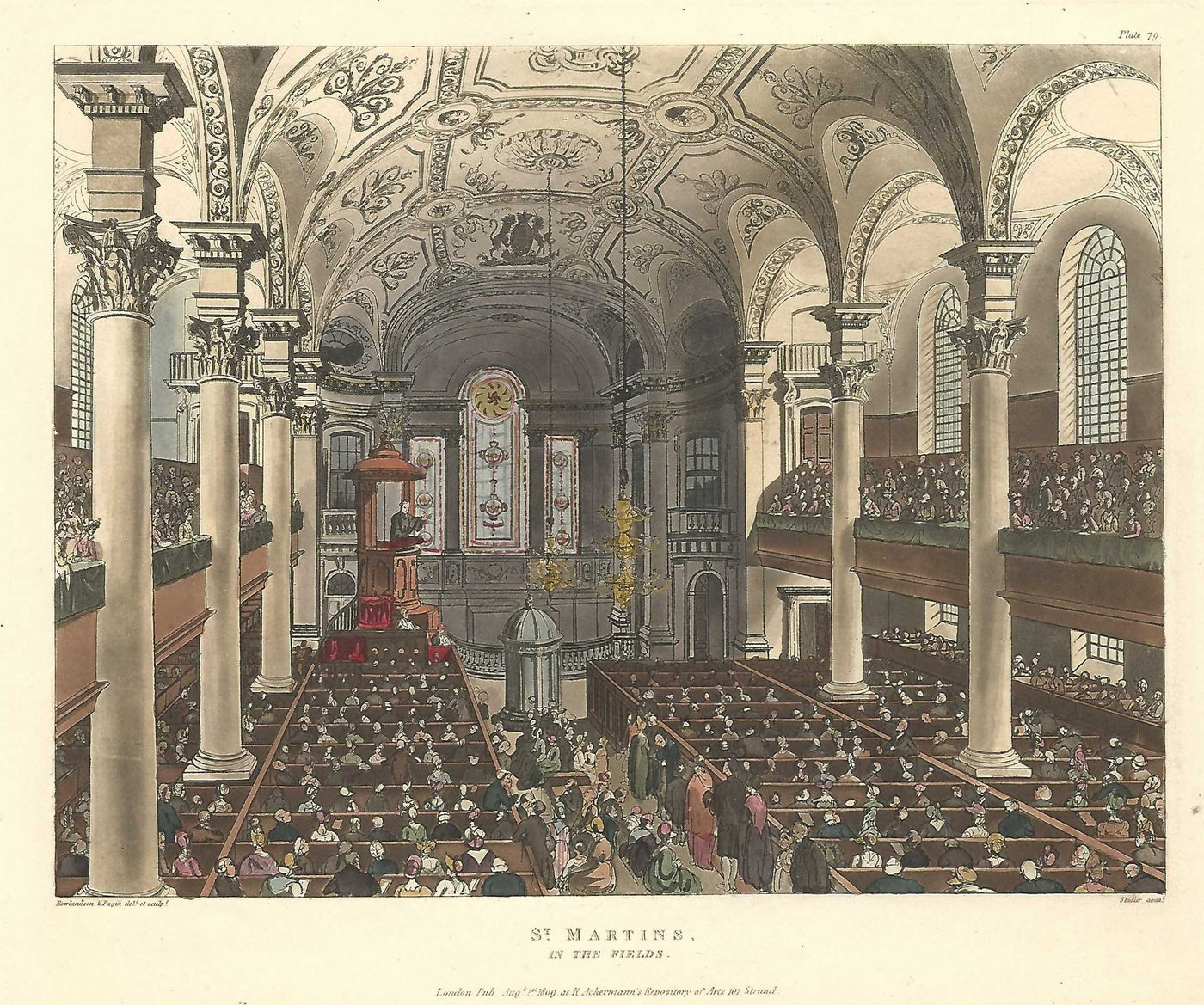 St Martin in the Fields Trafalgar Square London antique print 1809