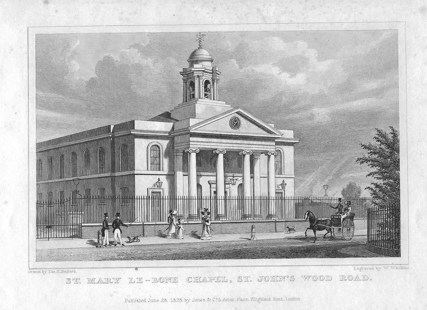 St Mary le Bone Chapel London, antique print 1830