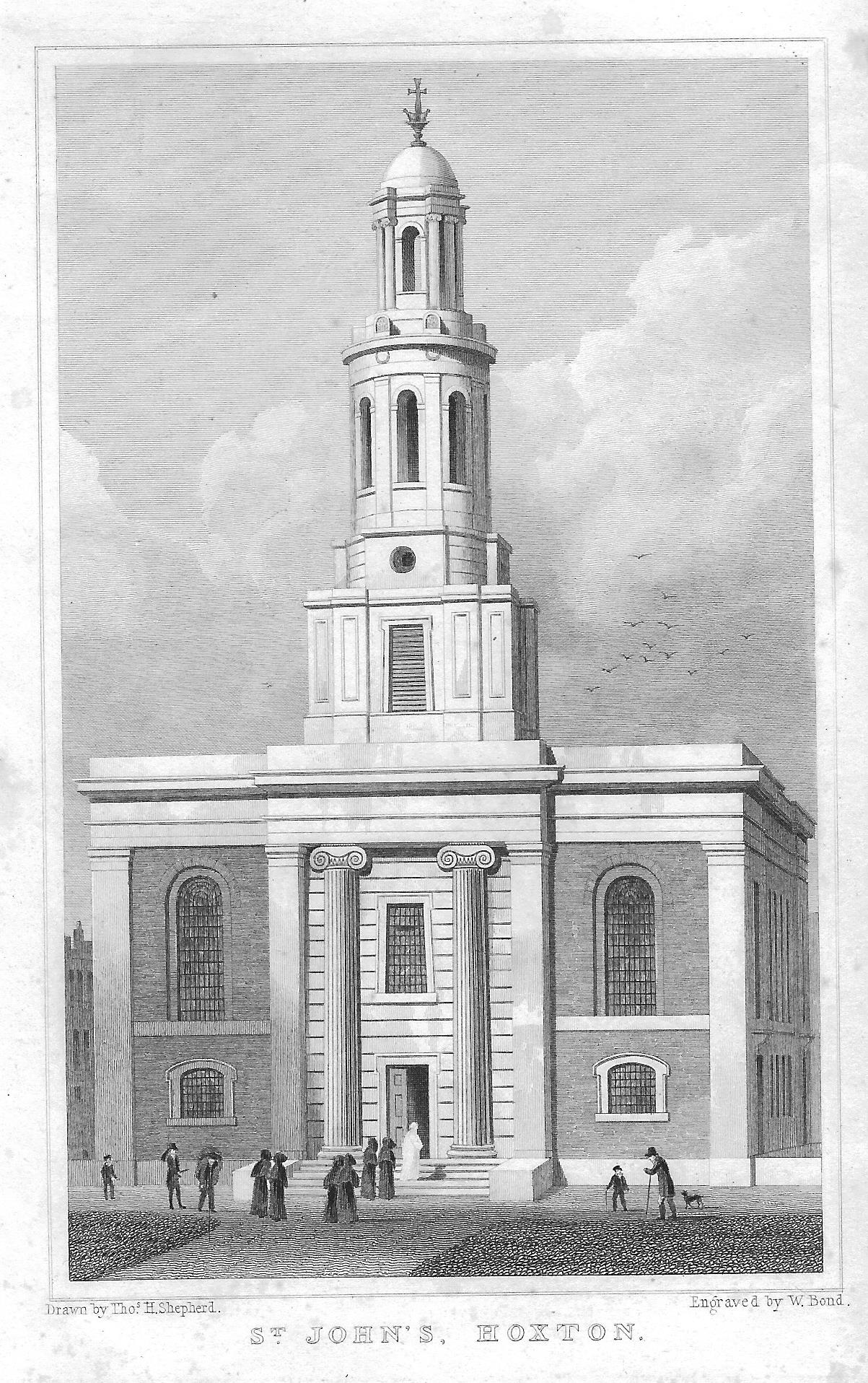 St. Johns Church, Hoxton, London. antique print 1827