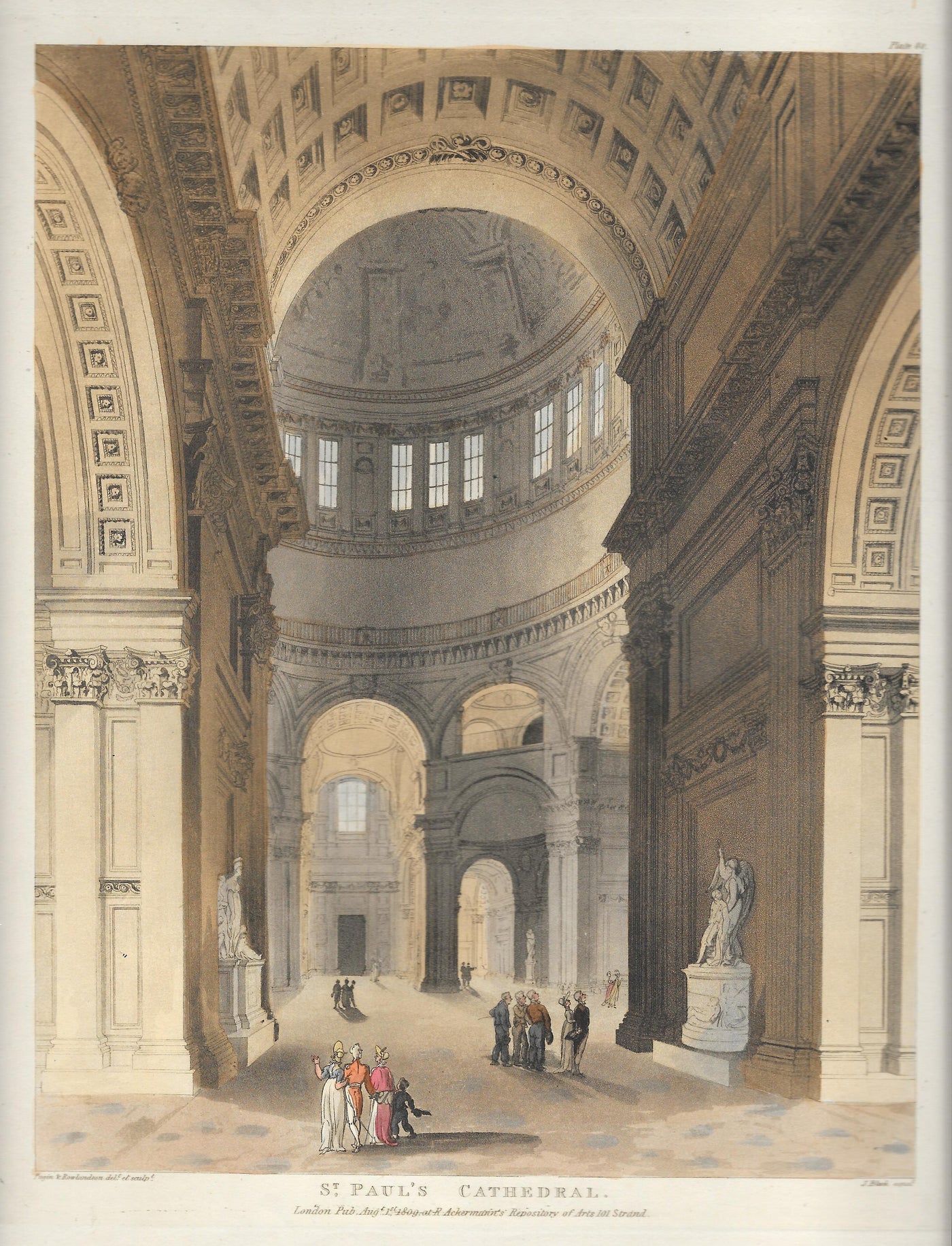 Sir Christopher Wren's St. Paul's Cathedral London antique hand-coloured aquatint, published 1809.