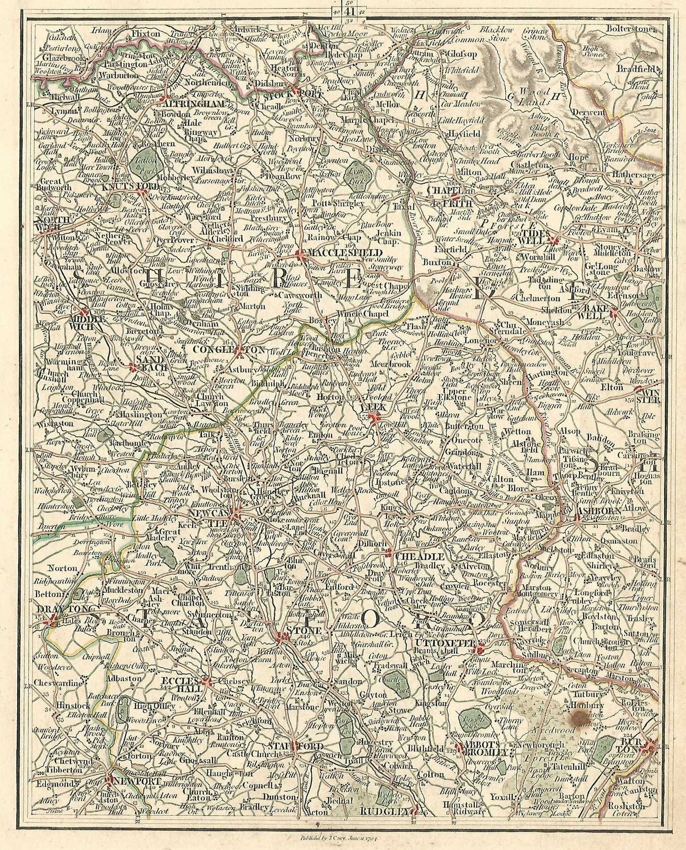 Staffordshire Derbyshire Cheshire antique map published 1794
