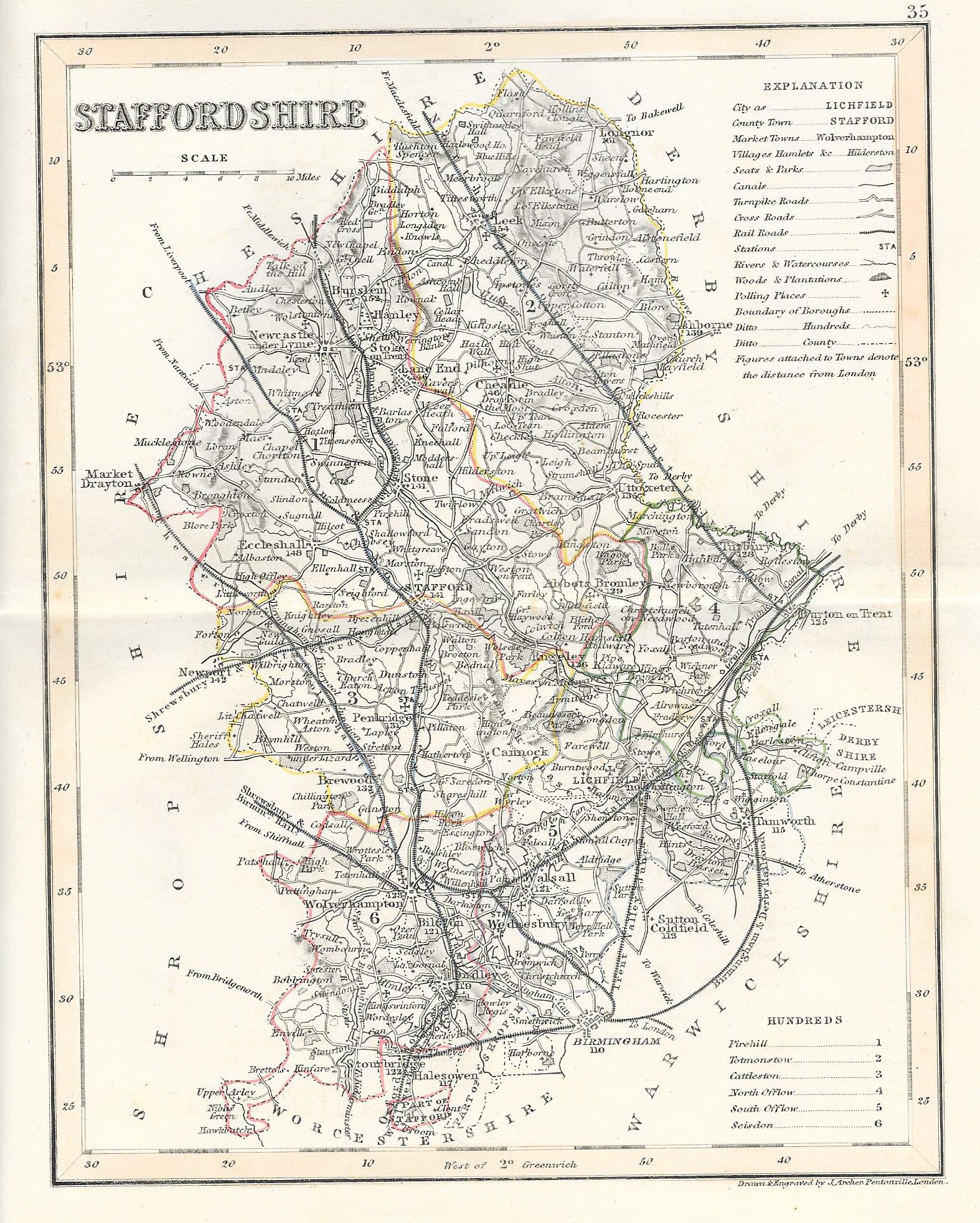Staffordshire antique map 1845 - Staffordshire Antique Map 1845 Dugdale 