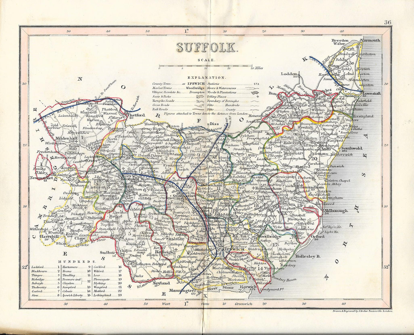 Suffolk antique map published 1845