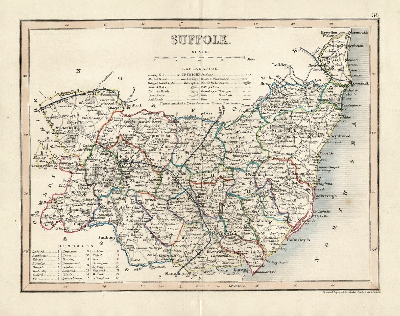 Suffolk antique map published 1845