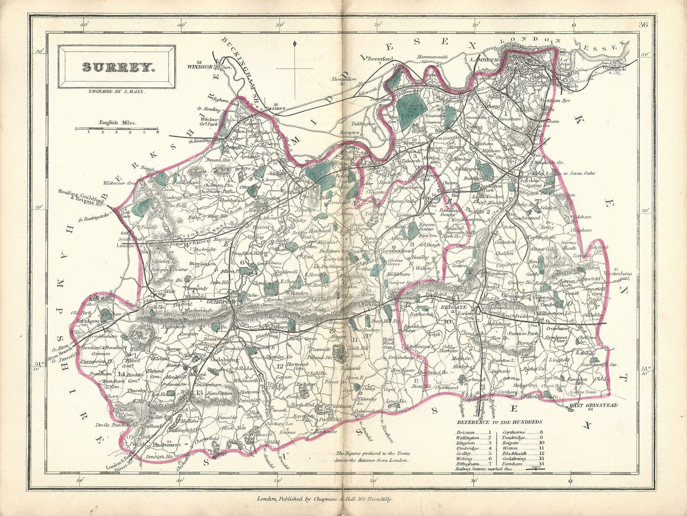 Surrey antique map from English Counties1860