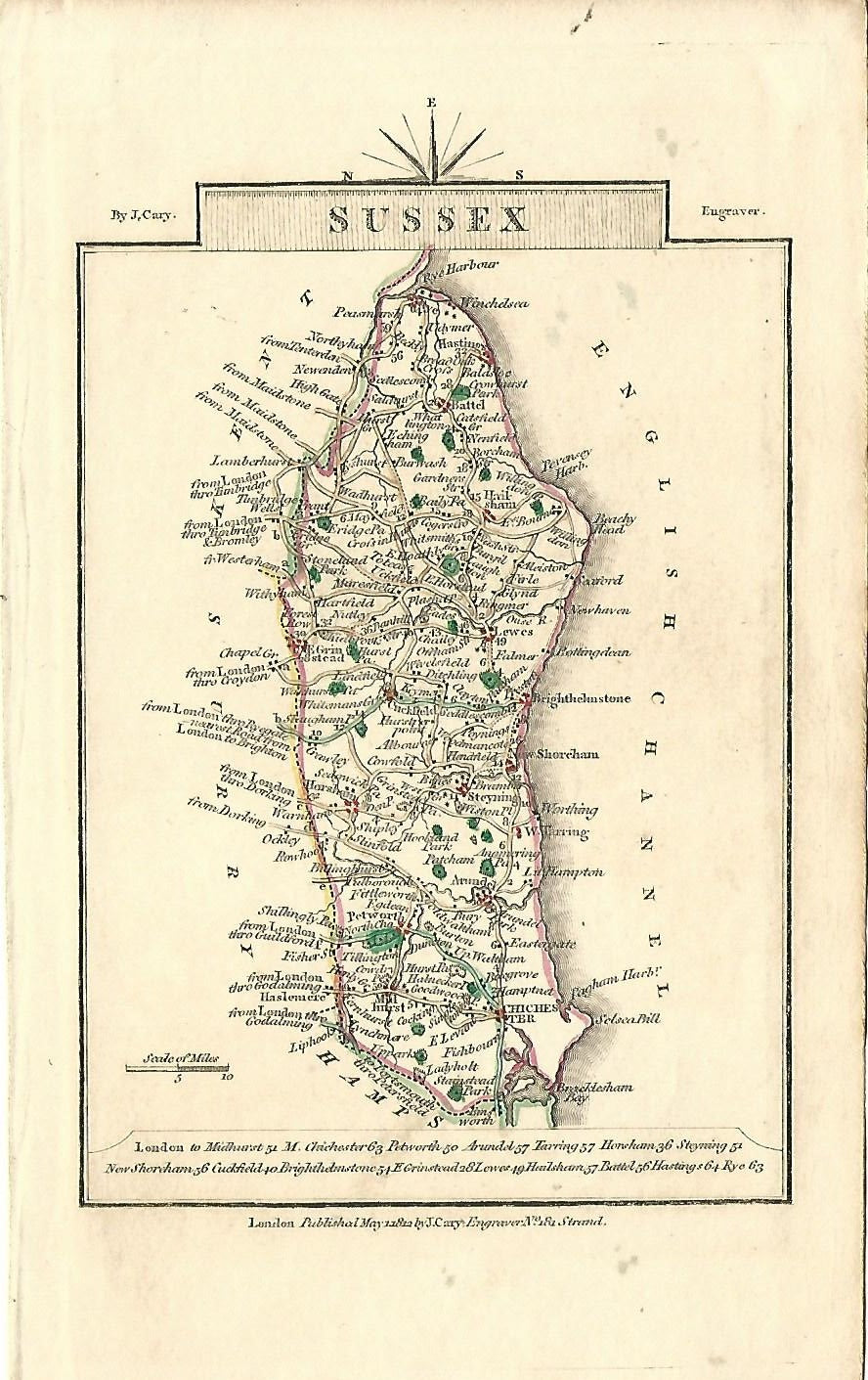 Sussex antique map by Georgian cartographer John Cary published 1812