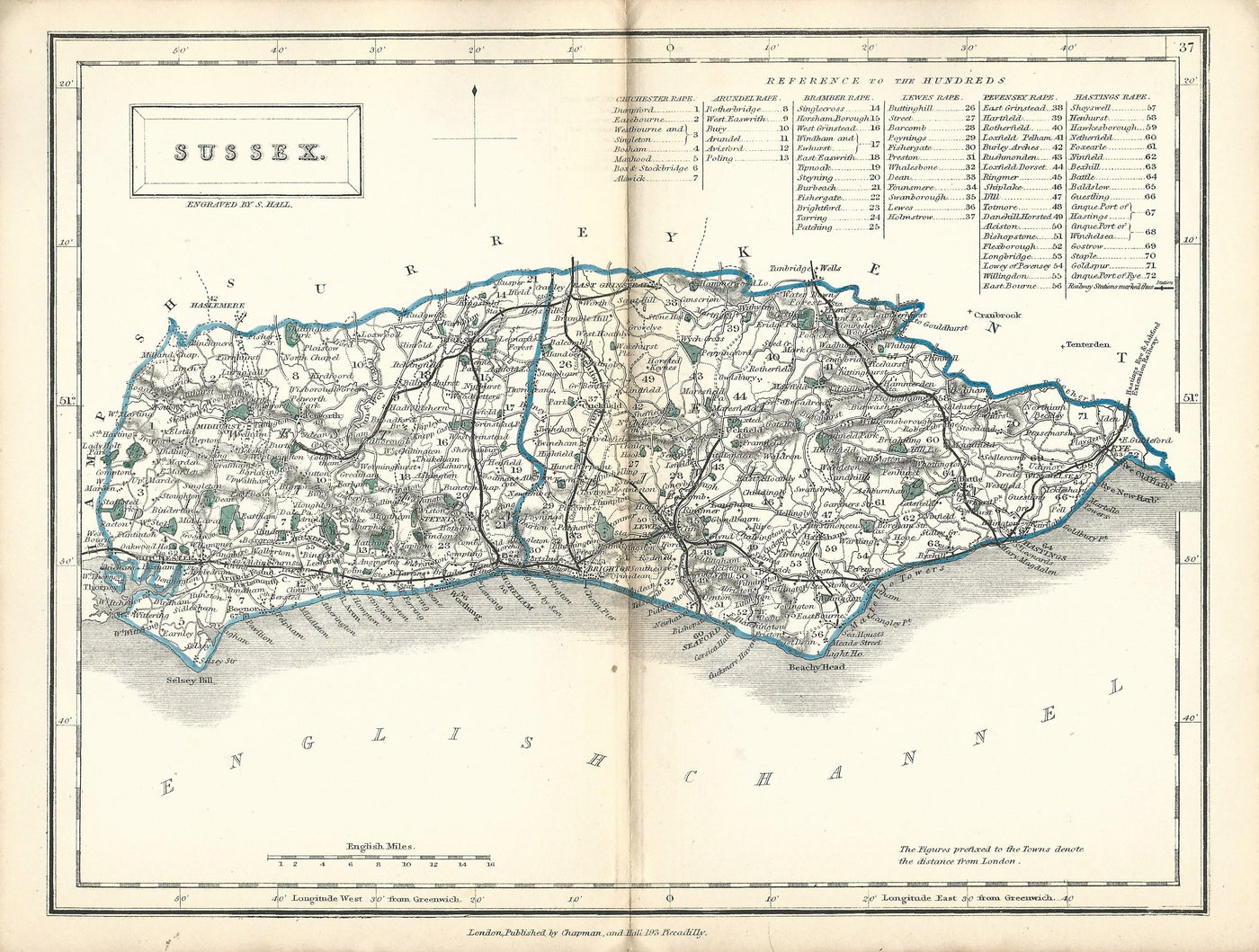 Sussex antique map from English Counties published1860