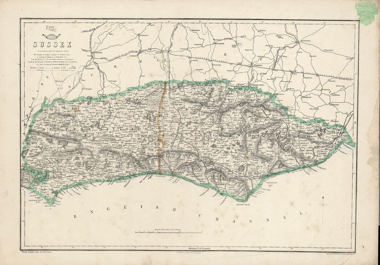 Sussex Weekly Dispatch antique map 1858