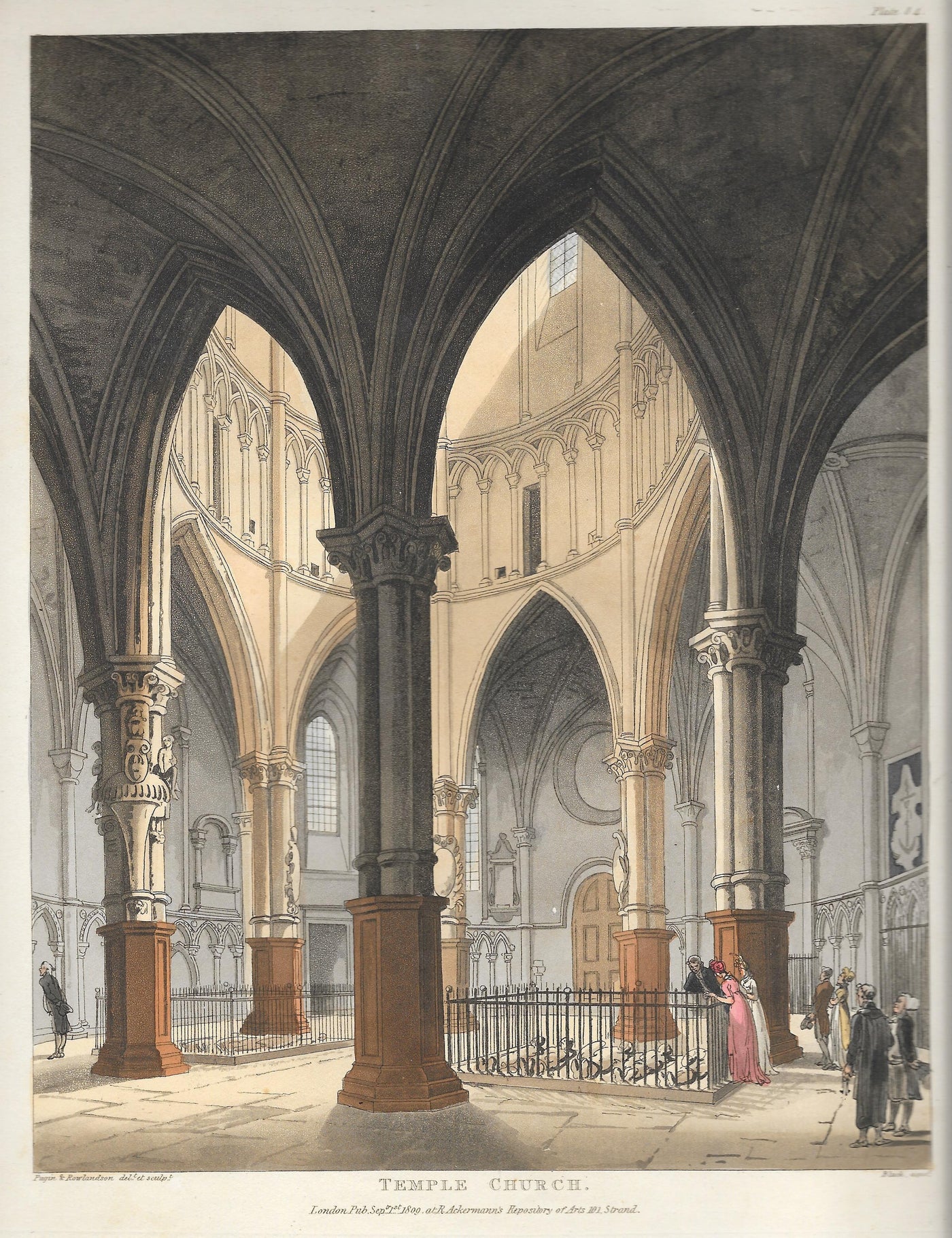Temple Church London antique print from Ackermann's Repository 1809