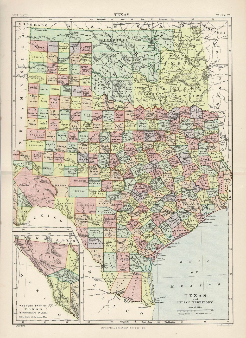 Texas antique map from Encyclopaedia Britannica c.1889