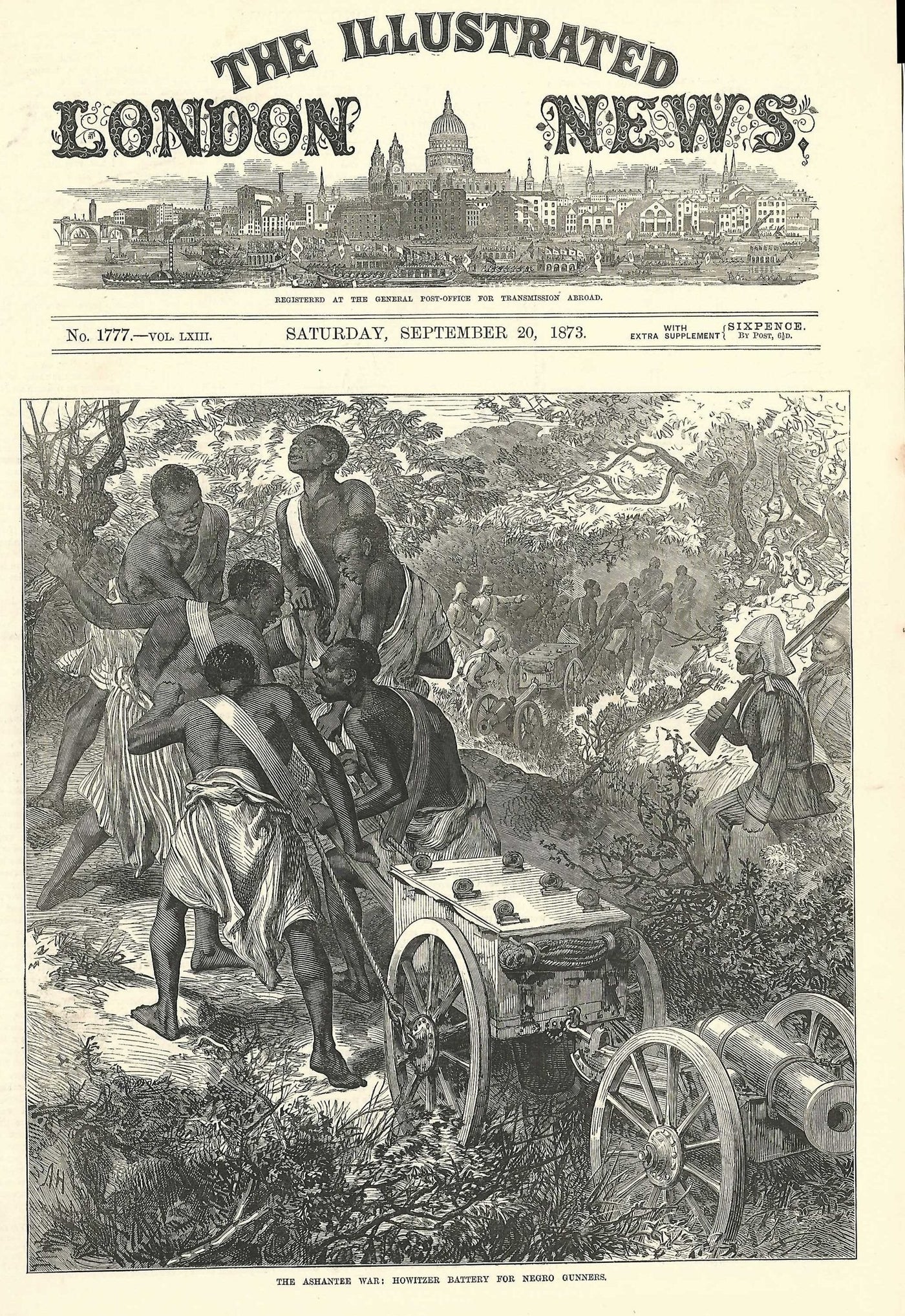 Ashanti War Howitzer gunners on Kumasi road, antique print 1873