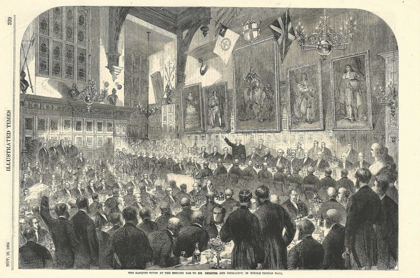 Middle Temple Hall English Bar banquet antique print 1864