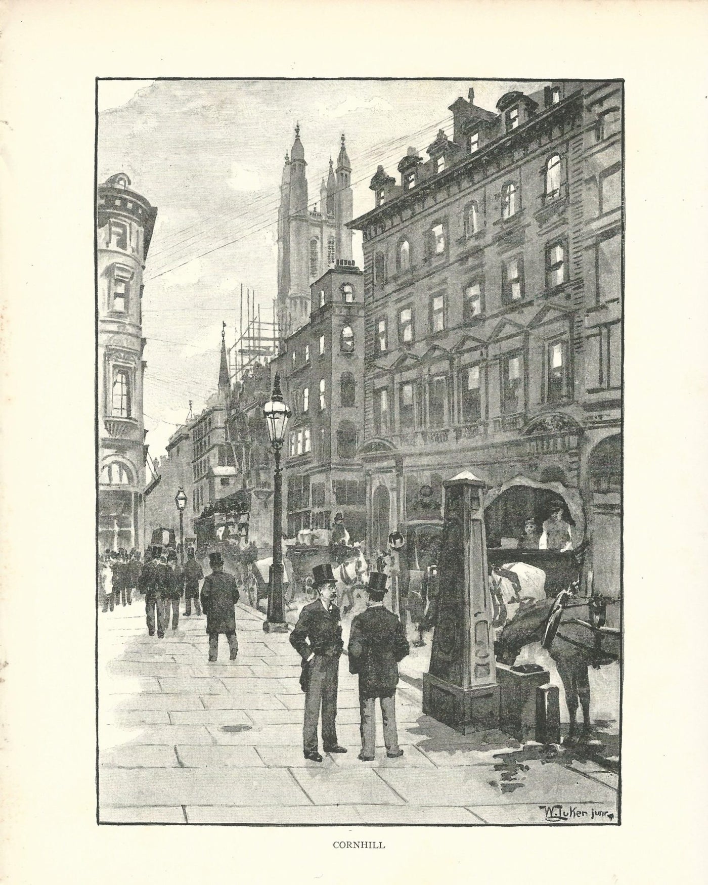 Cornhill water trough in City of London antique print 1890