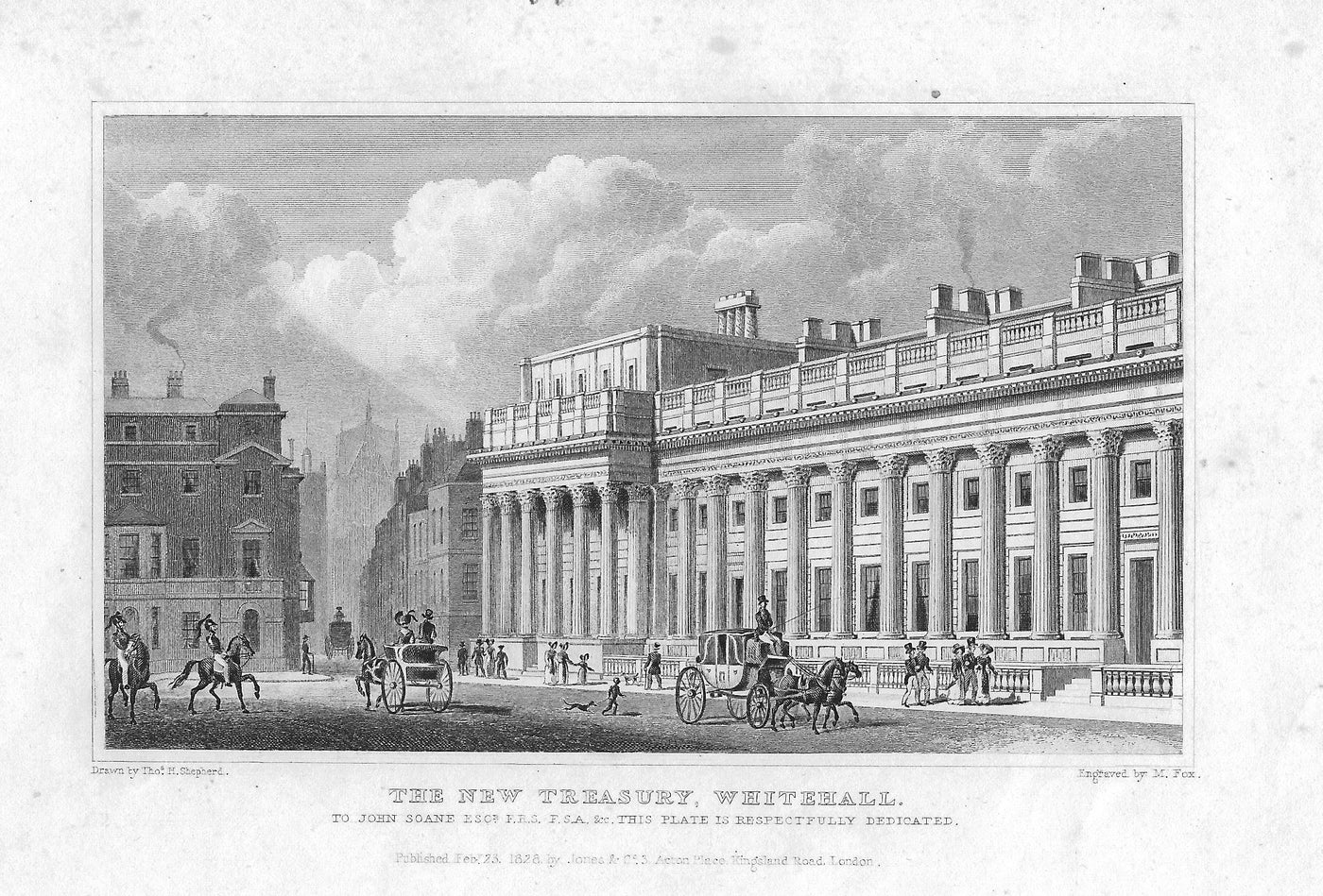 New Treasury Building Whitehall London antique print 1830