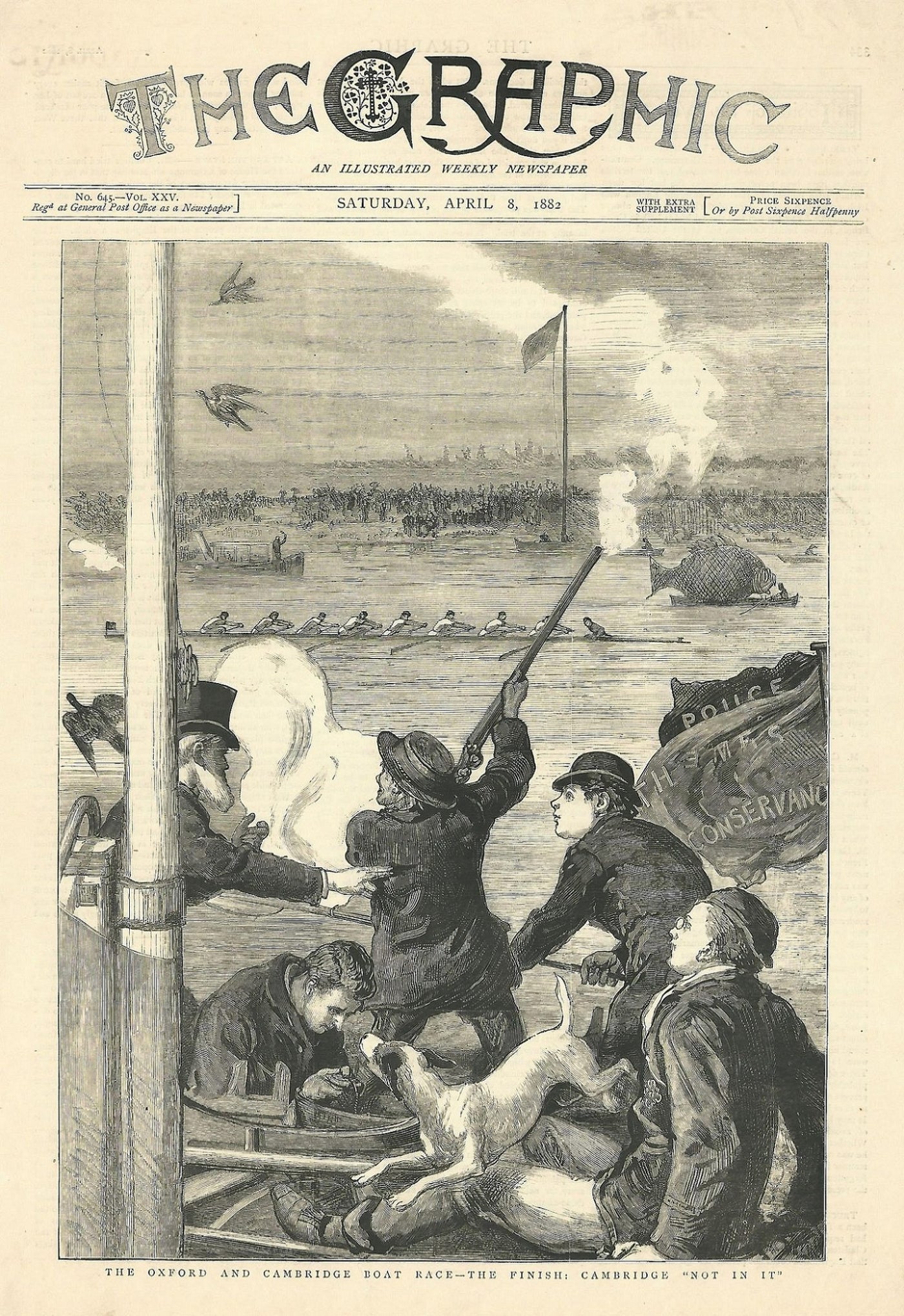University Boat Race Oxford v Cambridge "The Finish" antique print 1882