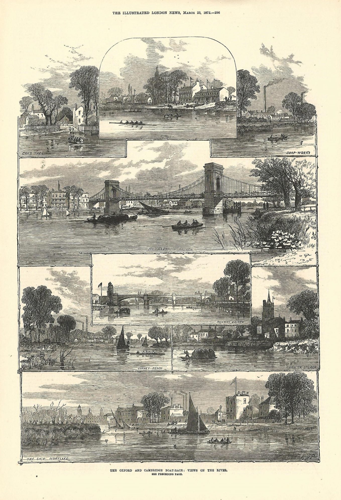 River Thames views Boat Race Day antique print 1872