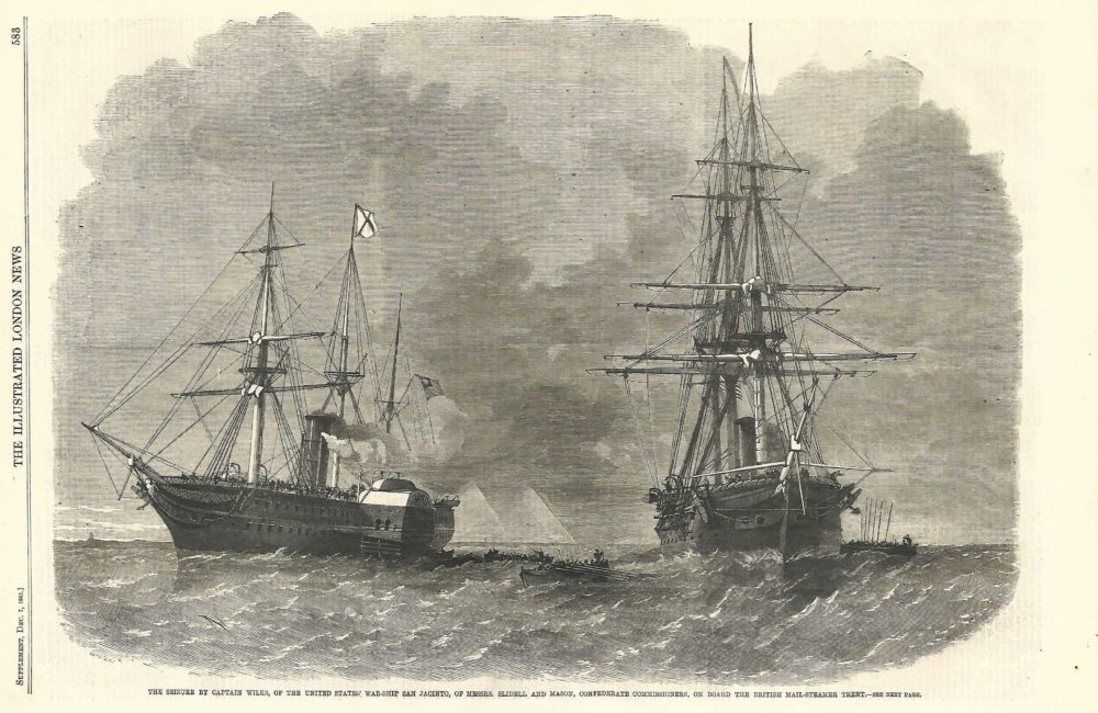 United States Navy warship San Jacinto seizes Slidell and Mason during American Civil War