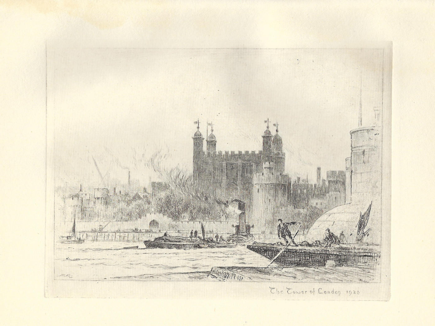 Tower of London etching dated 1920 by Percy Robertson. Published 1930