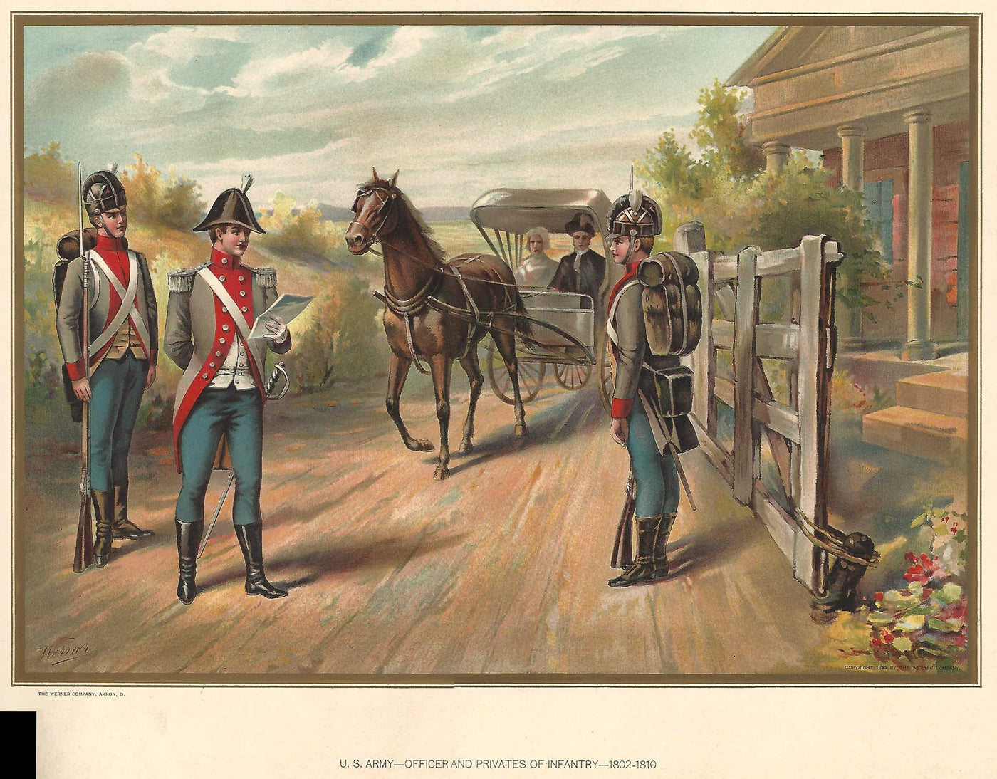 United States Army infantry officer & privates 1802-1810 antique print 1899