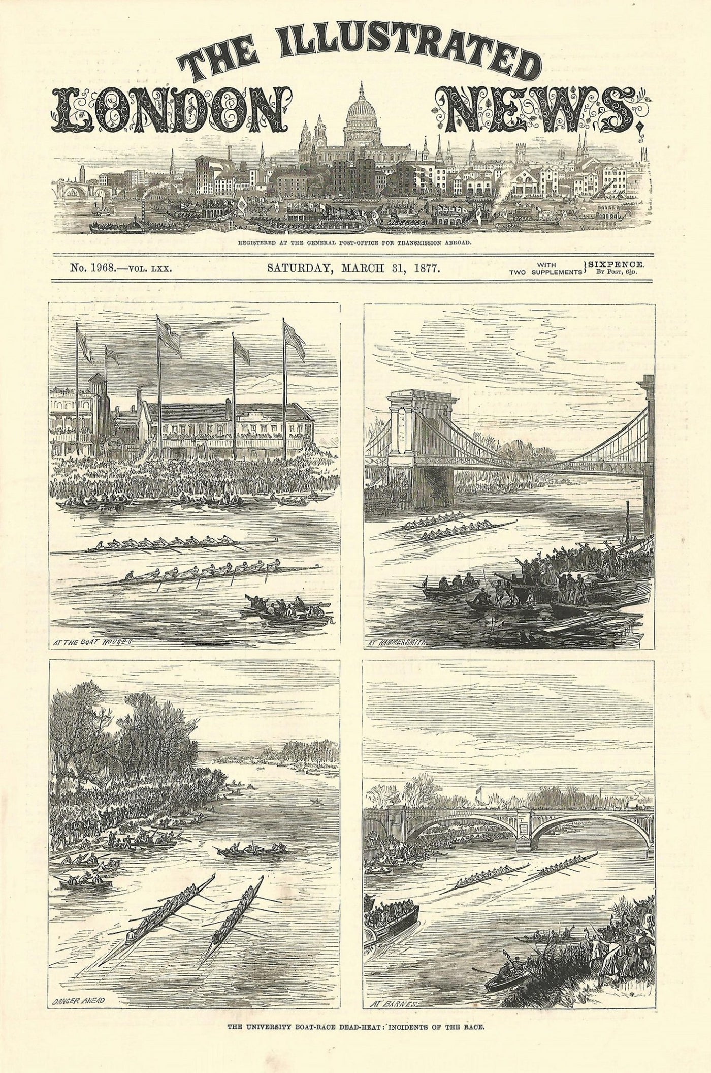 Oxford Cambridge boat race 'Dead Heat' 1877 antique print