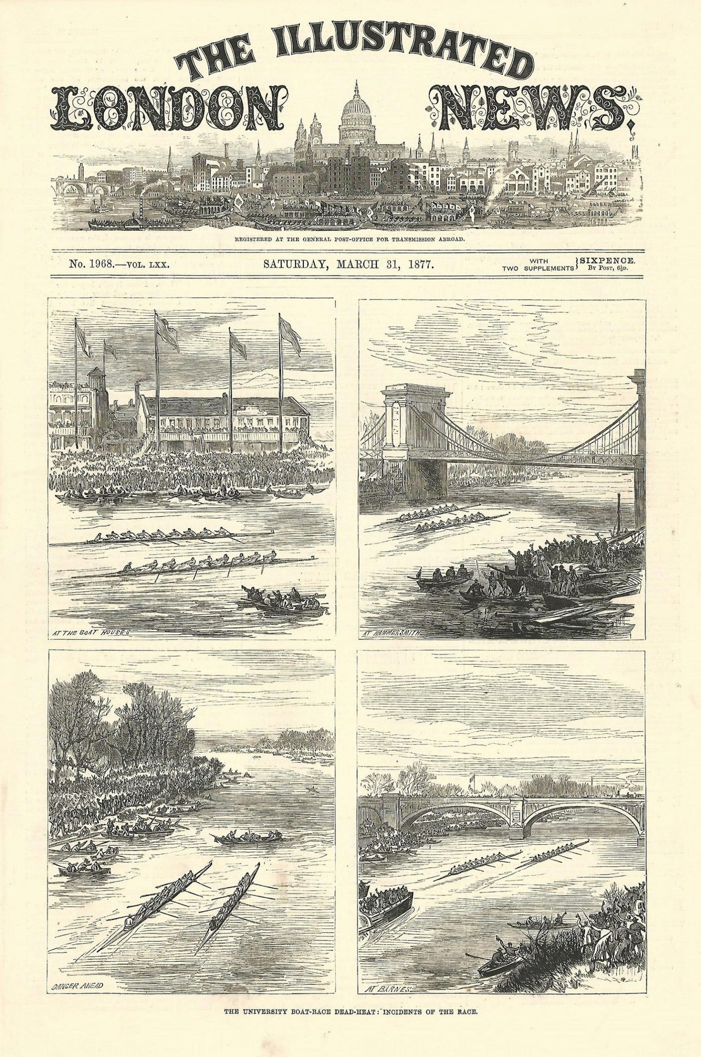 University Boat Race 1877 antique print dated March 1877