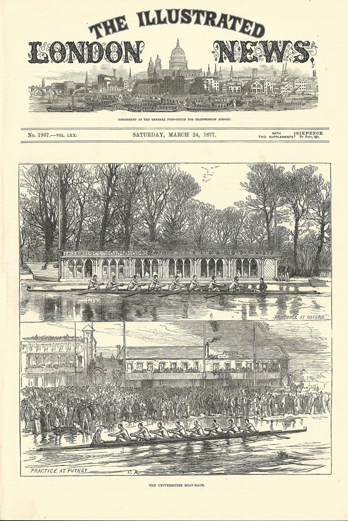 Oxford Cambridge boat race 'Dead Heat' 1877 antique print