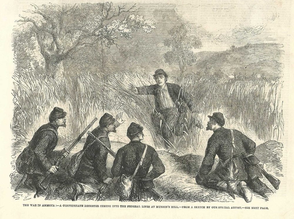 Confederate deserter enters Union Army lines at Munsons Hill during American Civil War