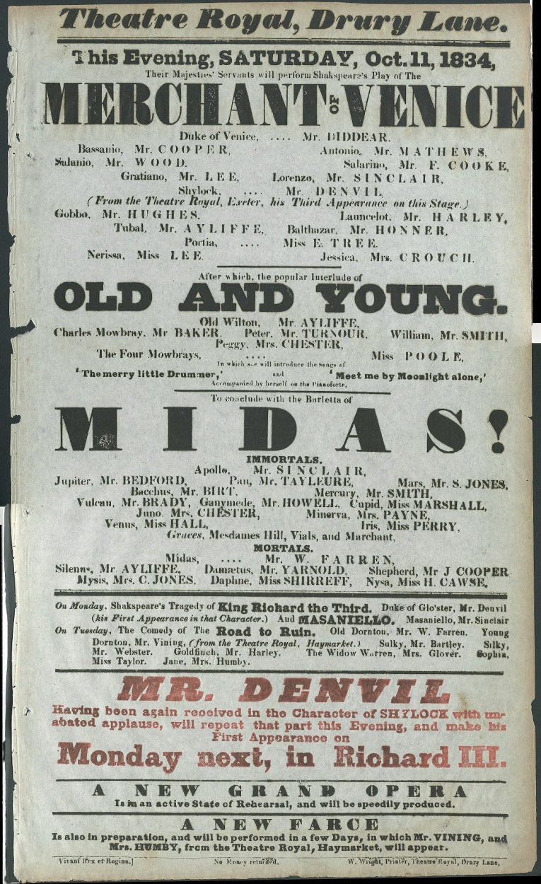 Theatre Royal Drury Lane antique theatre playbill 1834
