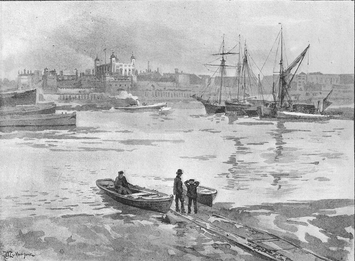 Tower of London from Bermondsey antique print 1891