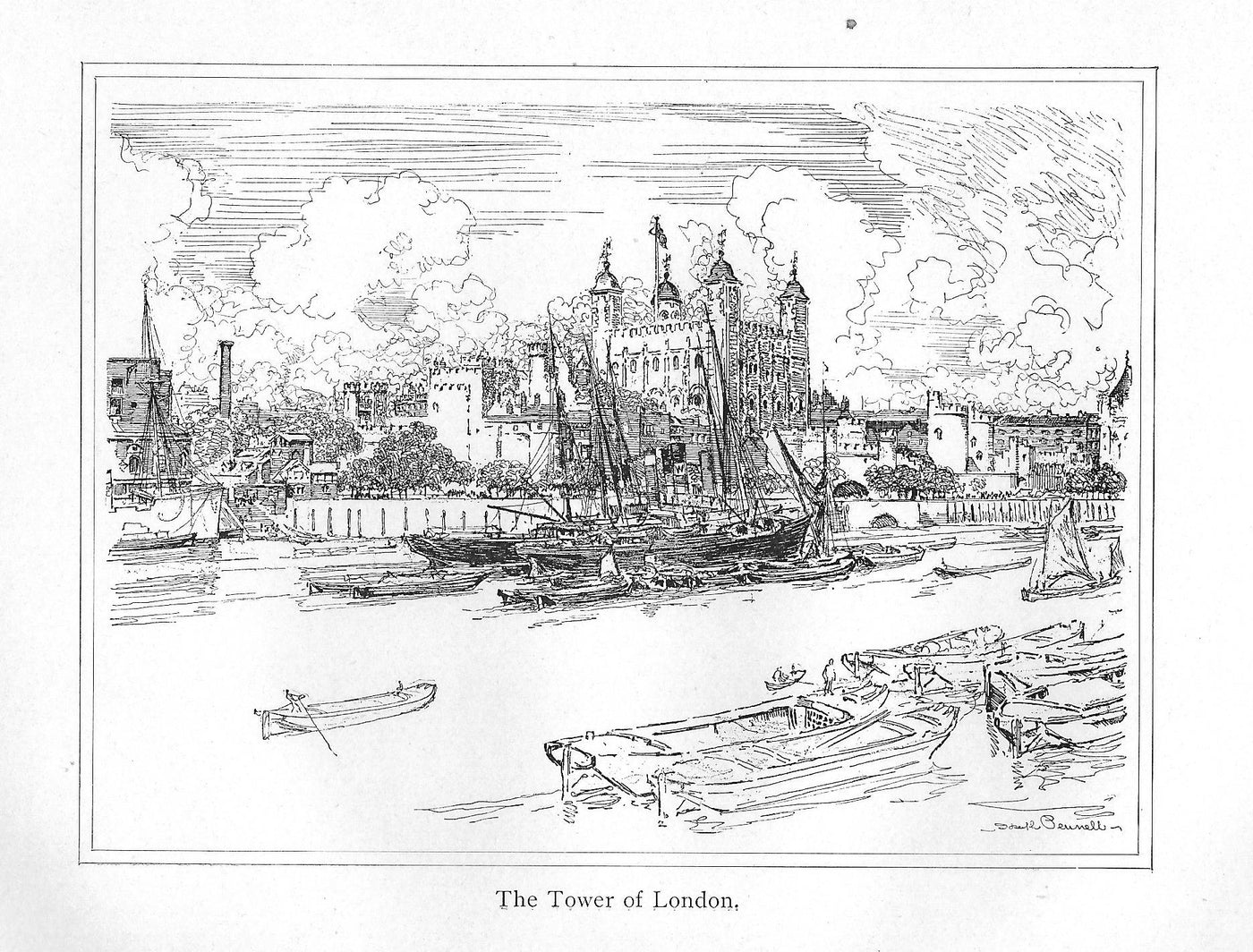 Tower of London & River Thames antique print 1902