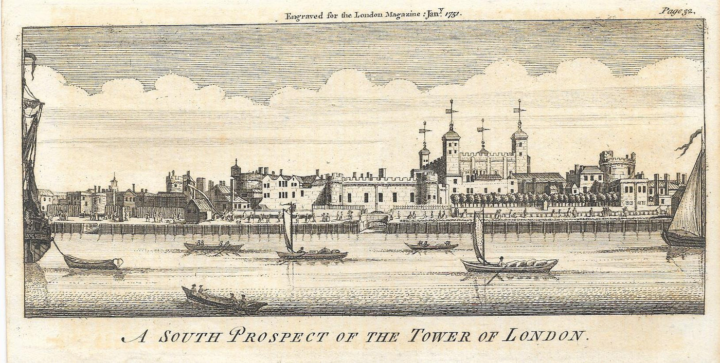 Tower of London across River Thames antique print 1751