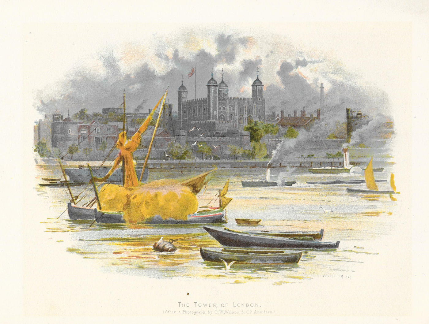 Tower of London River Thames antique print 1895