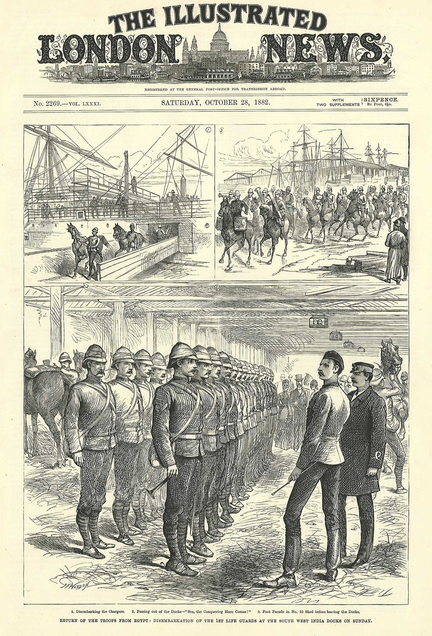 Life Guards disembark from Egypt at South West India Docks, 1882