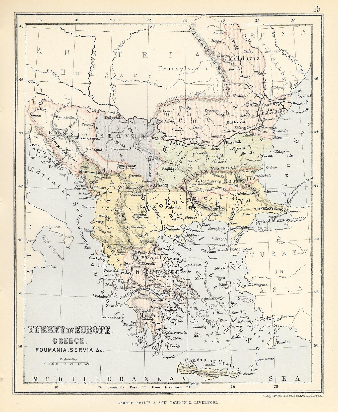 Turkey in Europe antique map c1882