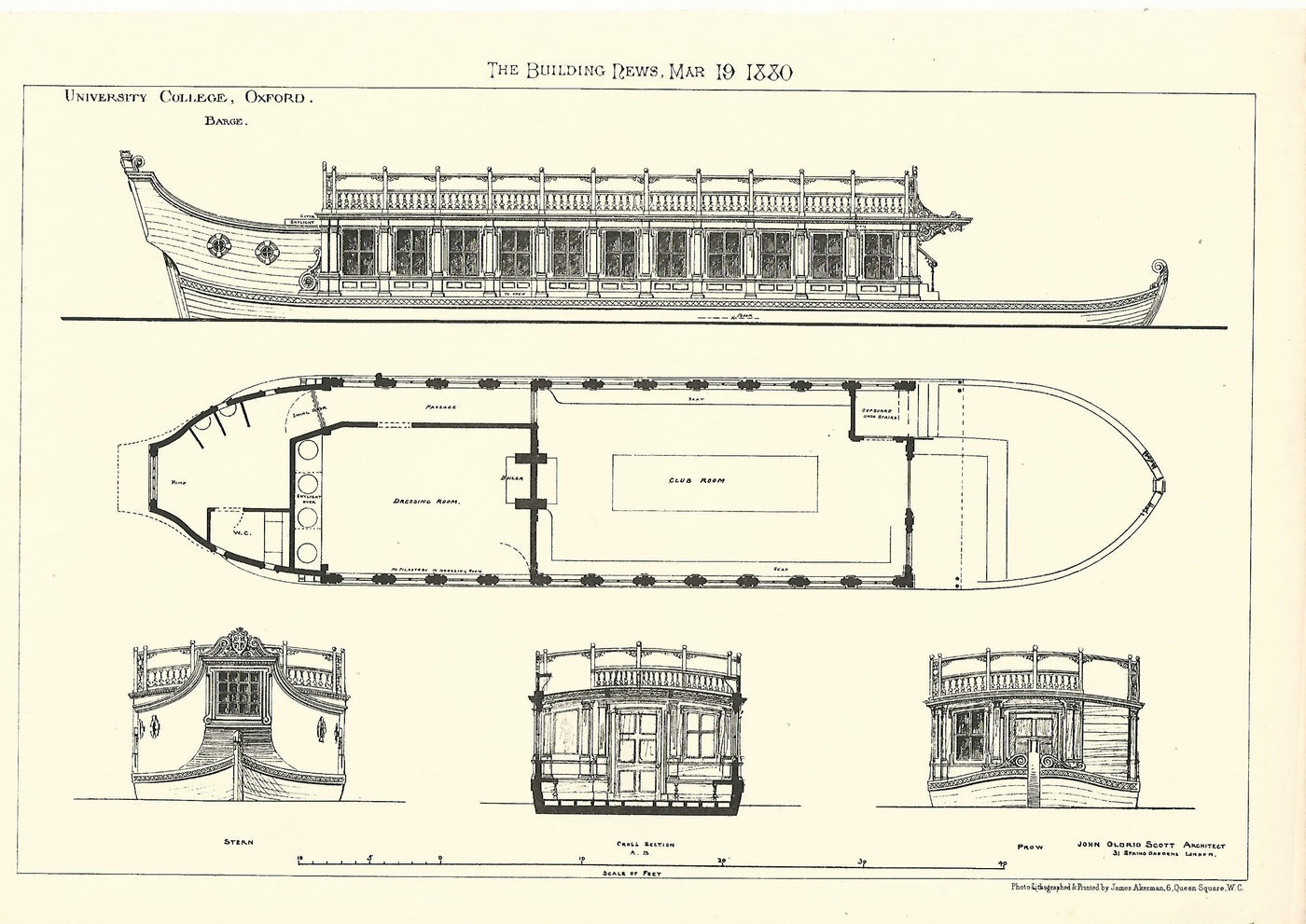 University College Oxford State Barge antique print 1880