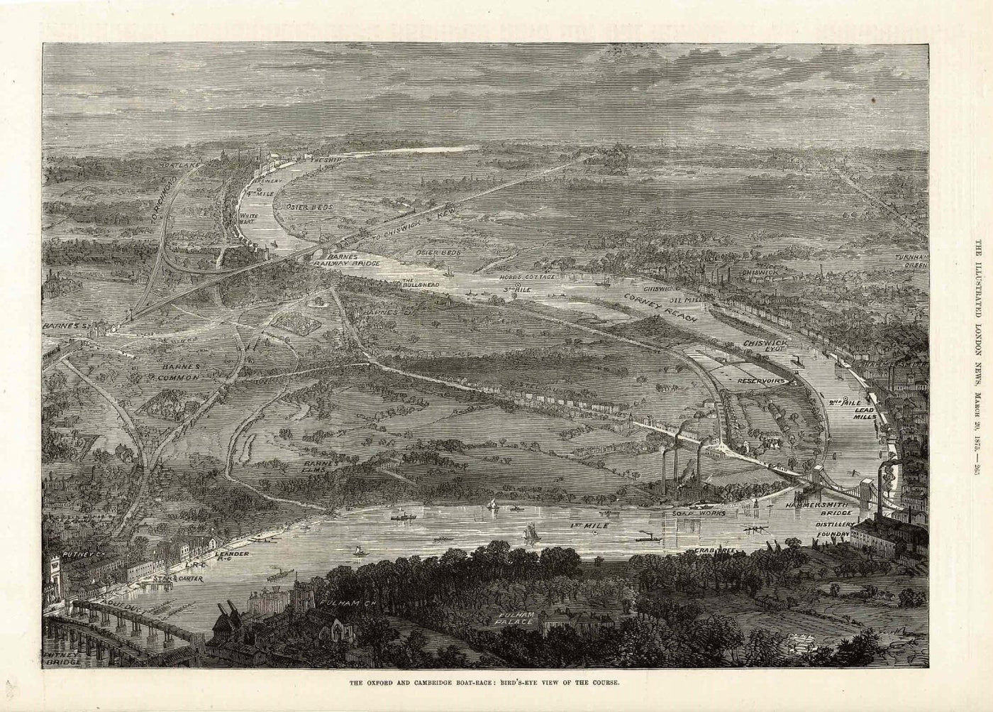 University boat race course antique print 1875