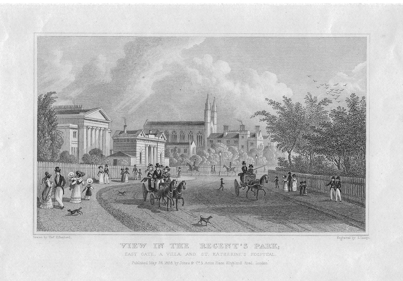 Regent's Park London St Katherine's Hospital 1828 antique print