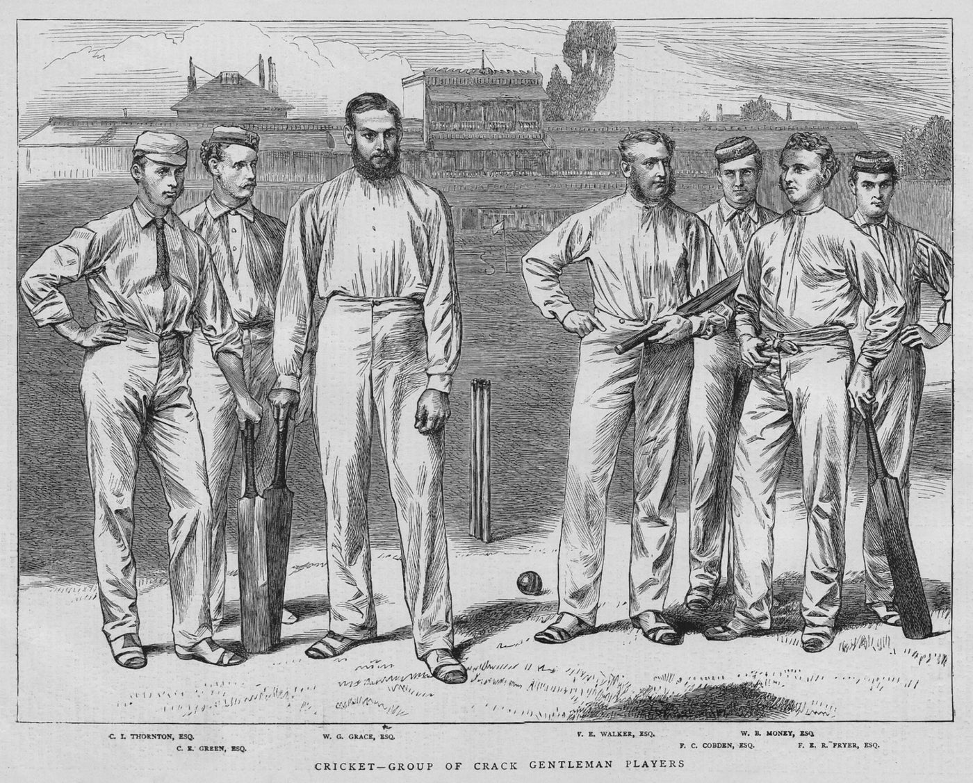 W G Grace cricketer original antique print published 1871