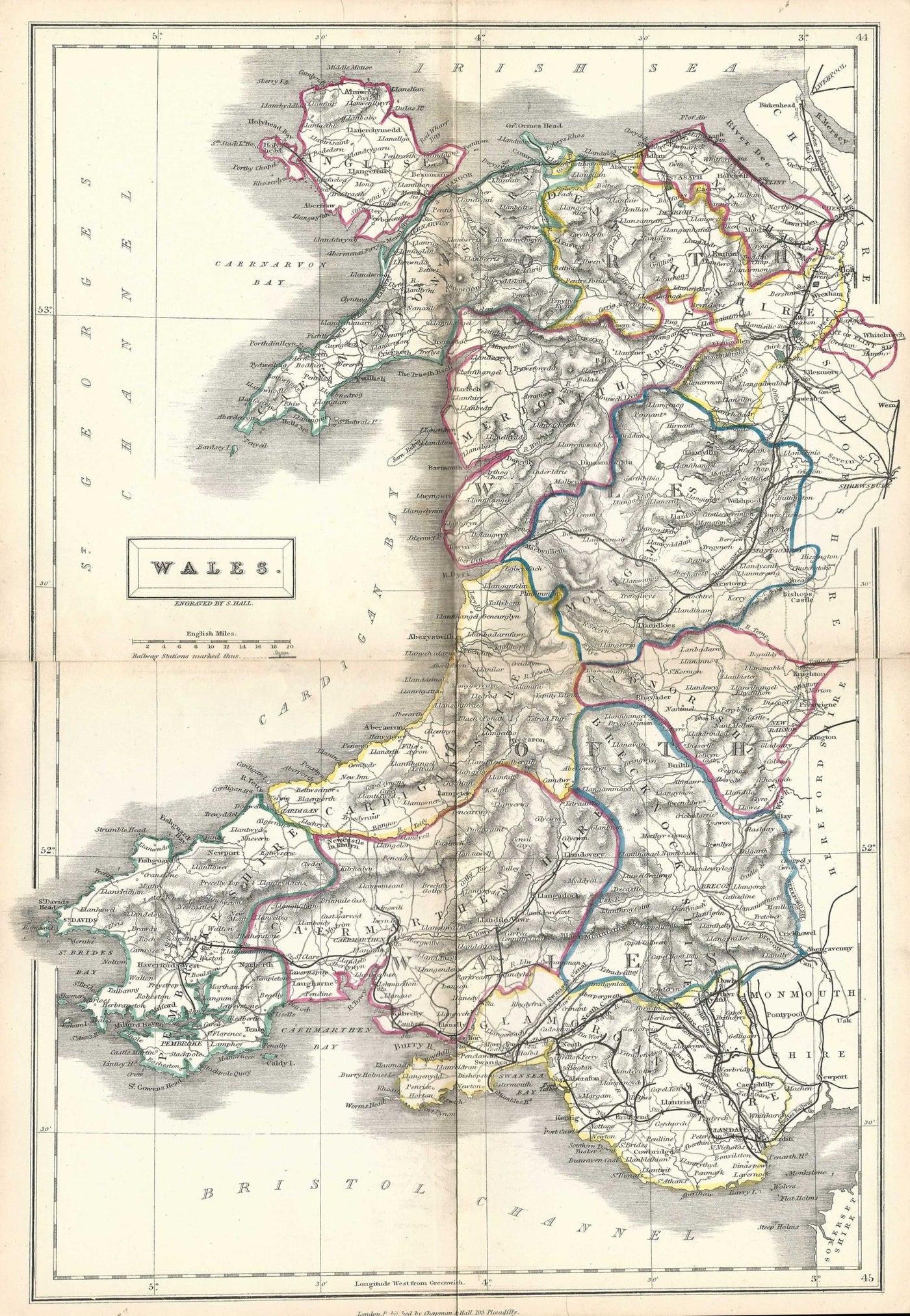Wales antique map (Cymru) by Sidney Hall published 1860