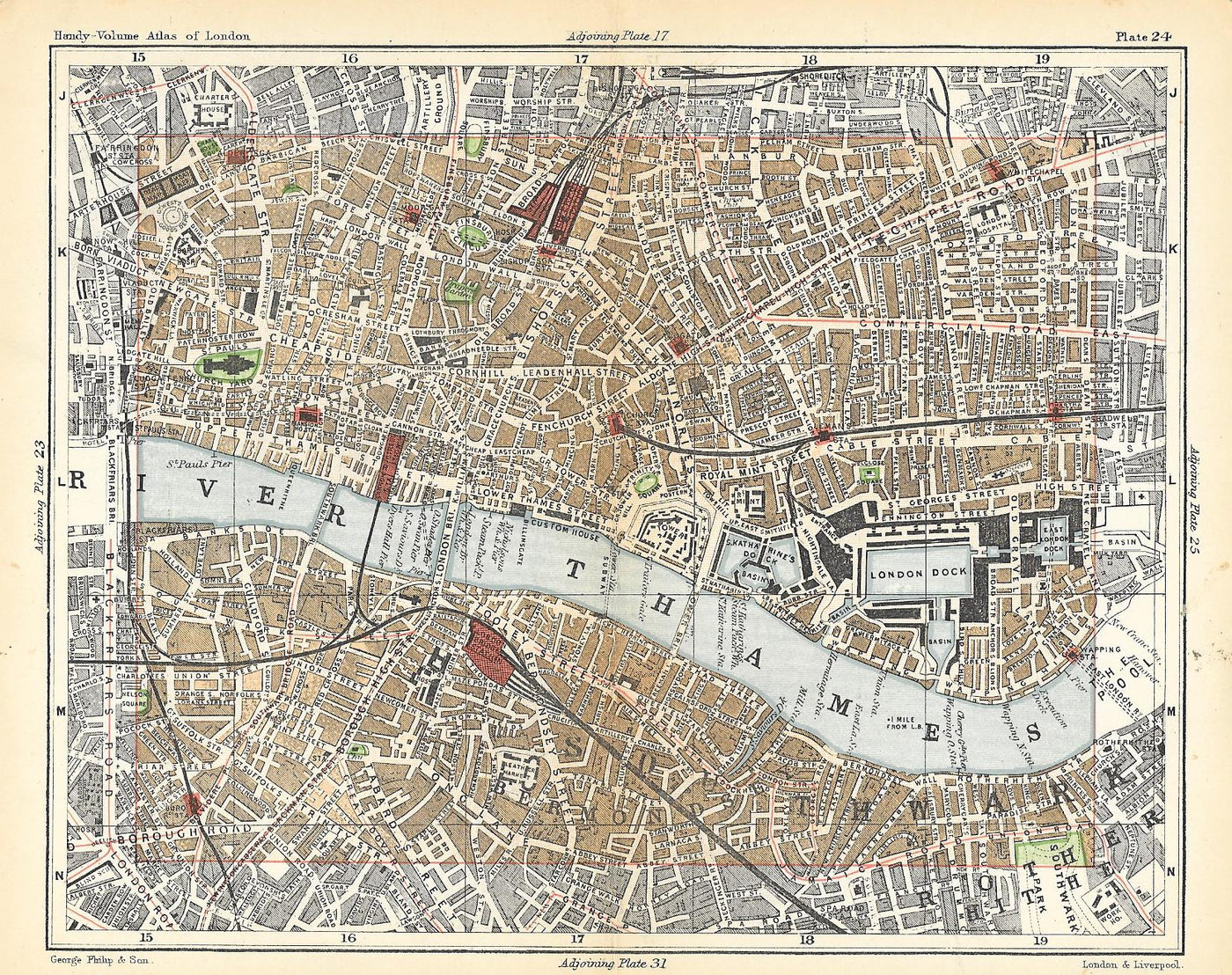 Wapping London Docks antique map 1891