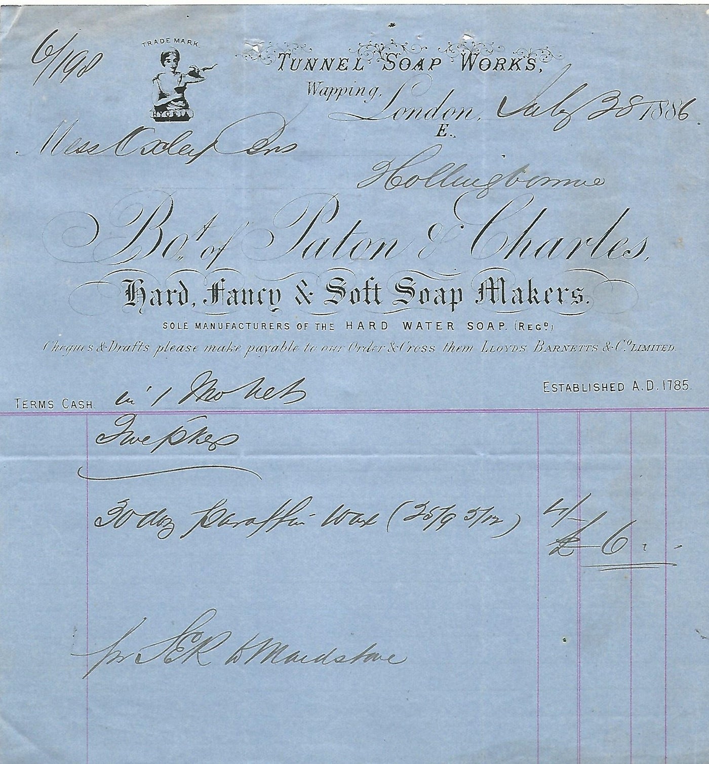 Wapping Tunnel Soap Works headed notepaper ephemera dated July 1886