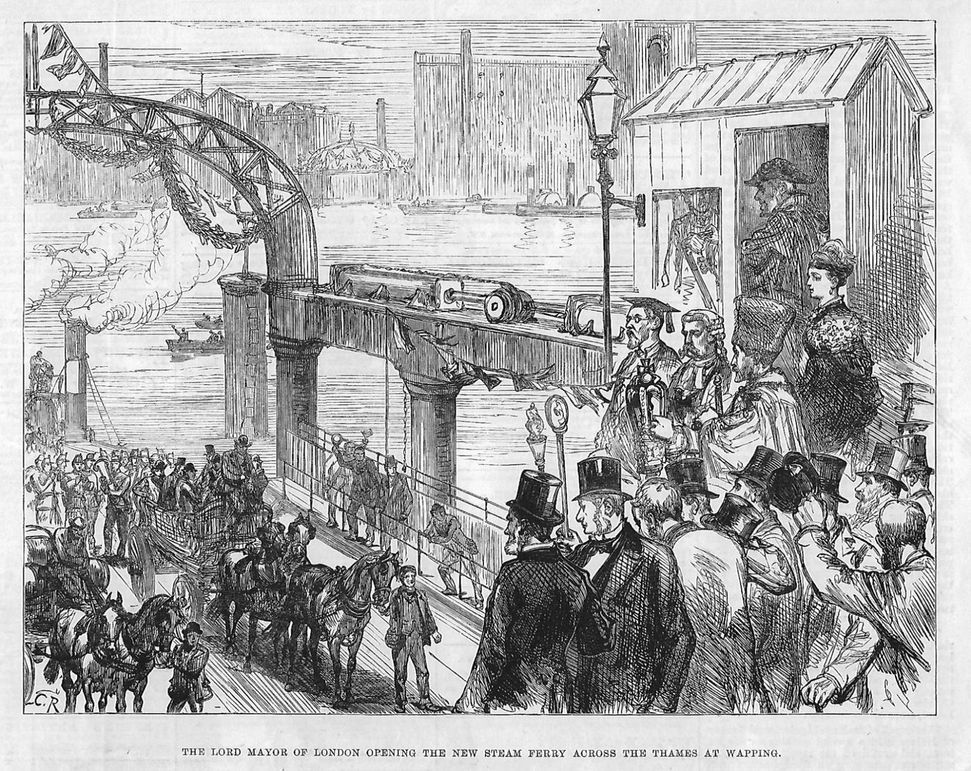 Wapping to Rotherhithe steam ferry antique print 1877