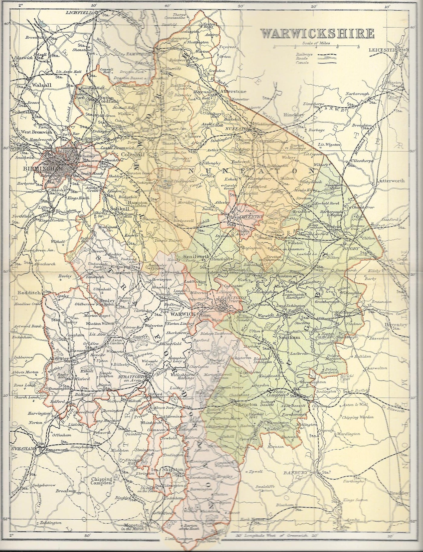 Warwickshire West Midlands antique map 1895