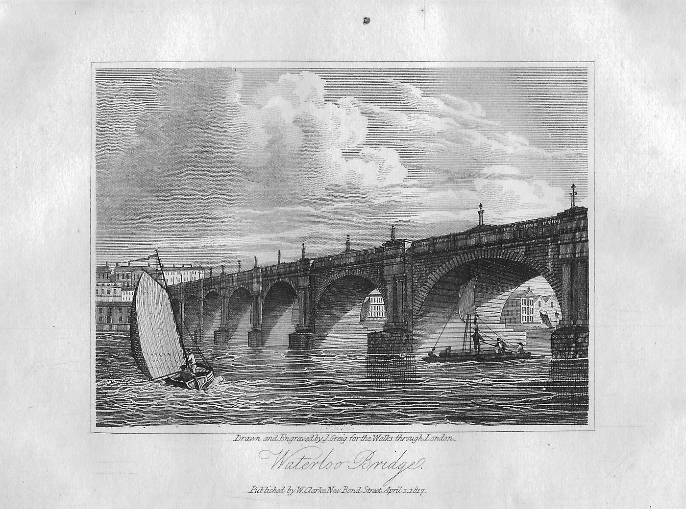 Waterloo Bridge antique print 1817