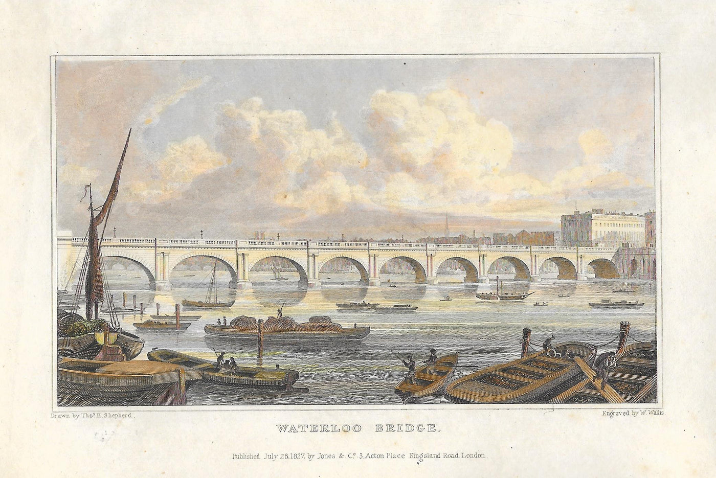 Waterloo Bridge and River Thames London  antique print