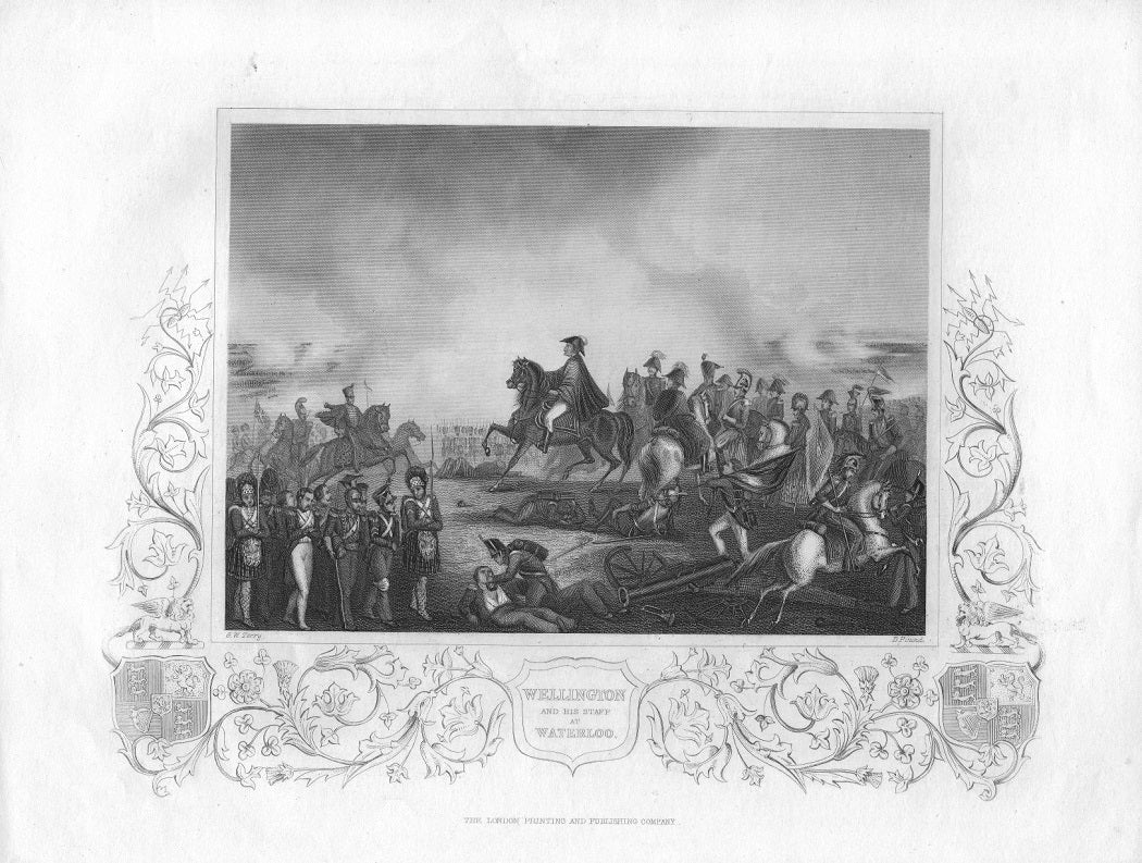 Duke of Wellington and staff Battle of Waterloo antique print c.1868