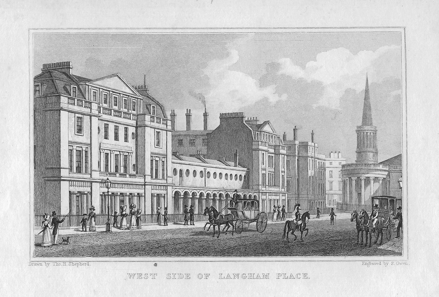 Langham Place with All Souls Church antique print 1830